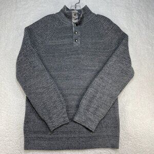 American Eagle Sweater Mens Large Gray Chunky Knit Mock Neck Cotton Blend Snaps